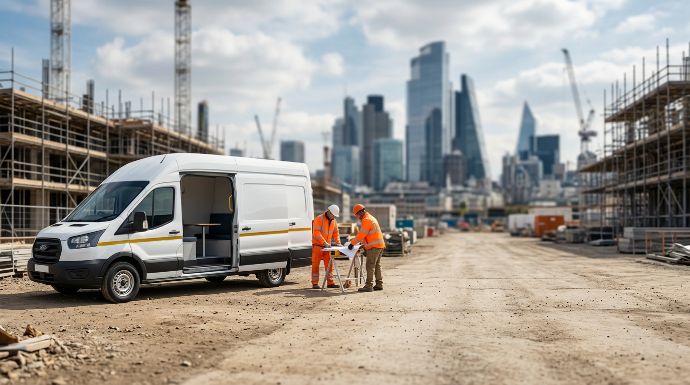 Mobile welfare van parked on a London construction site